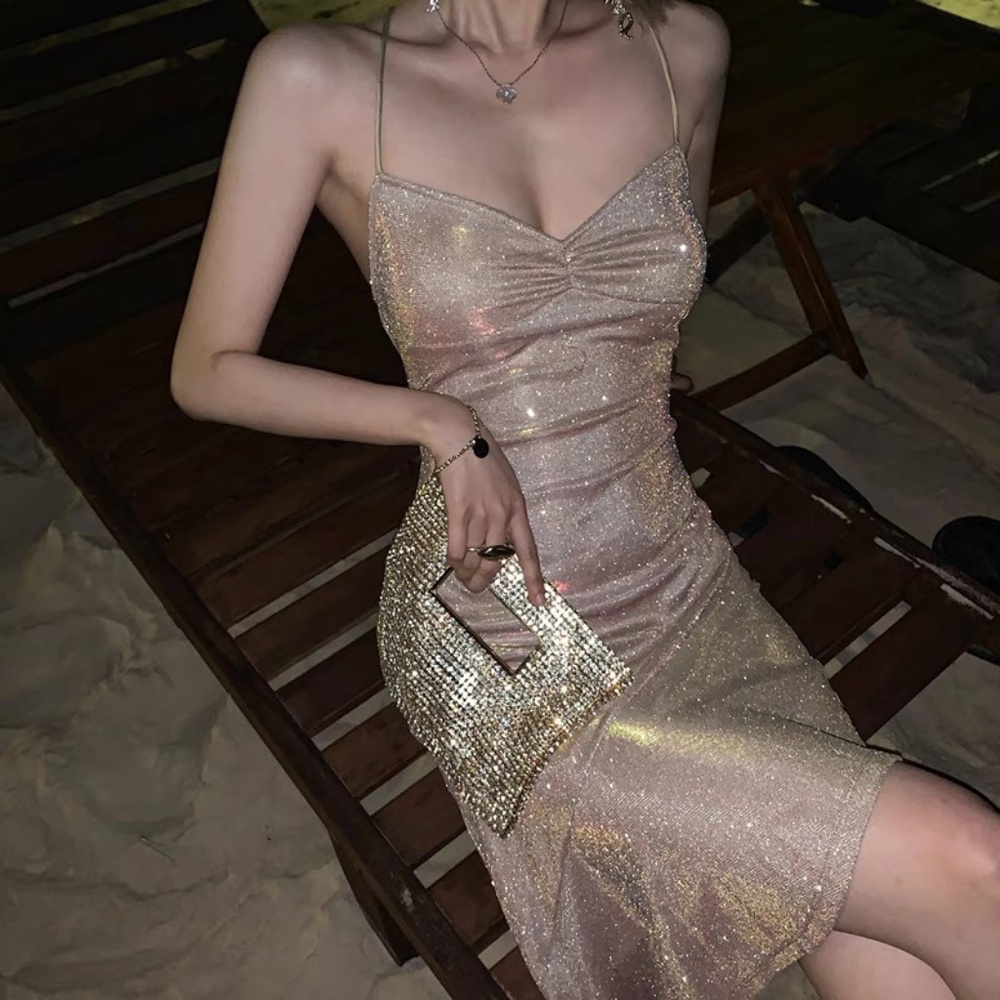 Champagne Pink Glitter Backless Lace-Up Mini Dress | Sparkly Party Dress - Picture 3 of 6